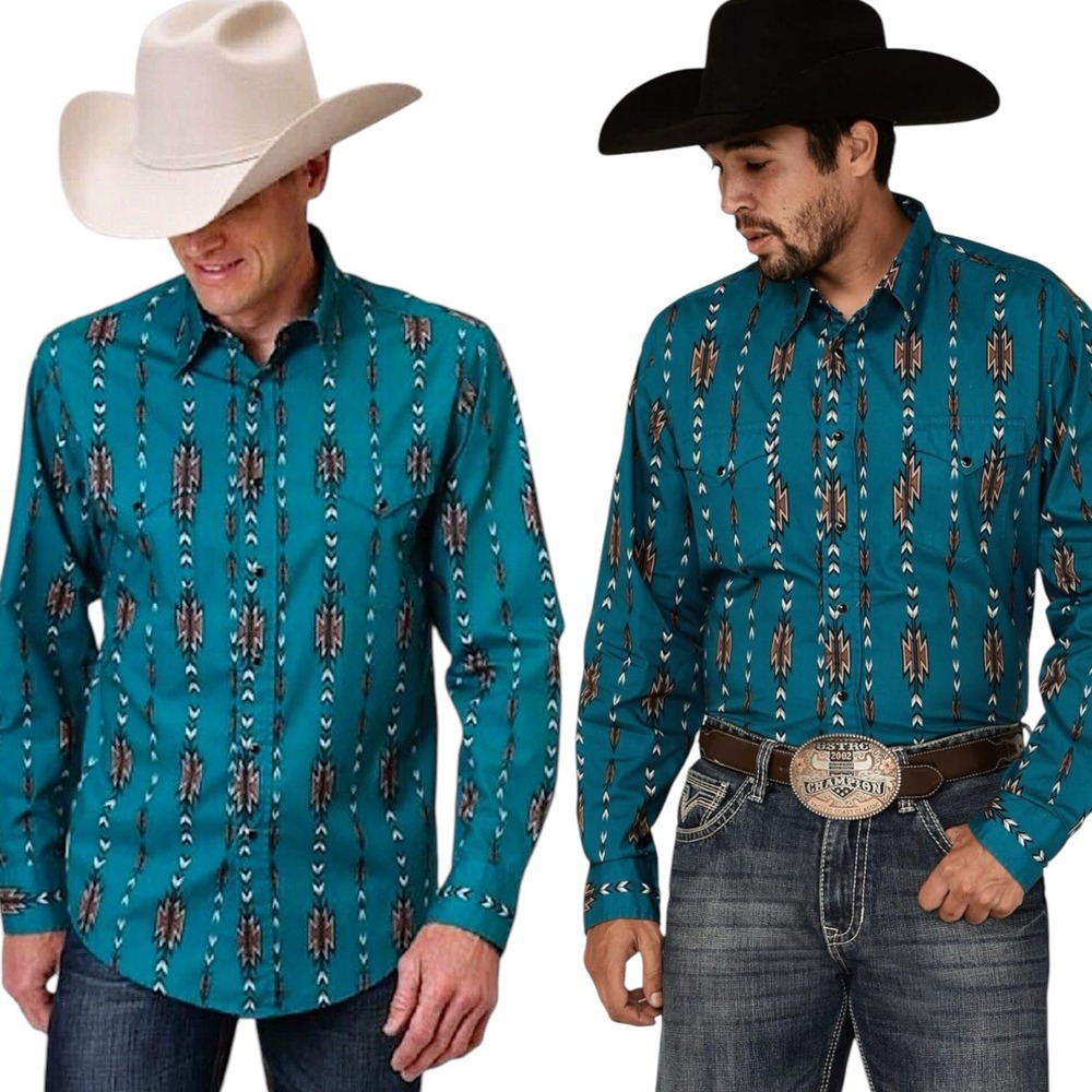 Roper Teal Southwestern Print Men's Button-Down Shirt